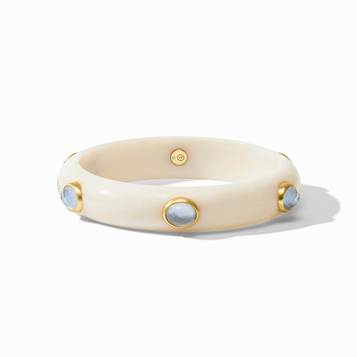 Carnaby Stone Bangle in large with iridescent blue chalcedony stones and 24K gold plate accents.