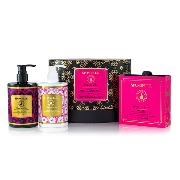 Daisy Collection body gift set box featuring a spongellé cleansing buffer with creamy fragrance.