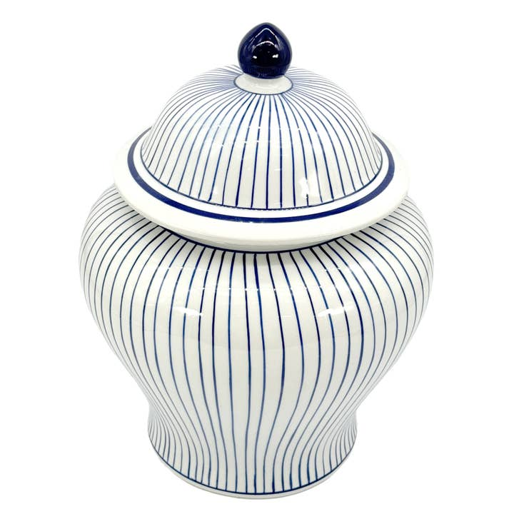15.5-inch wide ceramic ginger jar with vertical blue and white stripes and a matching lid.