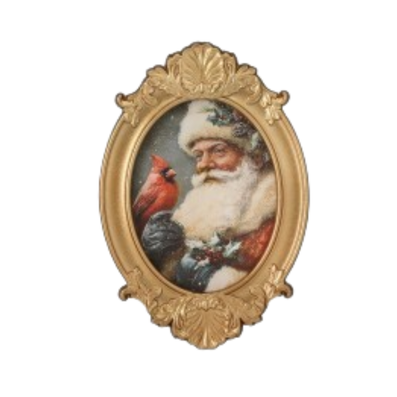 8x12 inch oval gilded frame featuring a vintage-style painting of Santa Claus with a red cardinal.