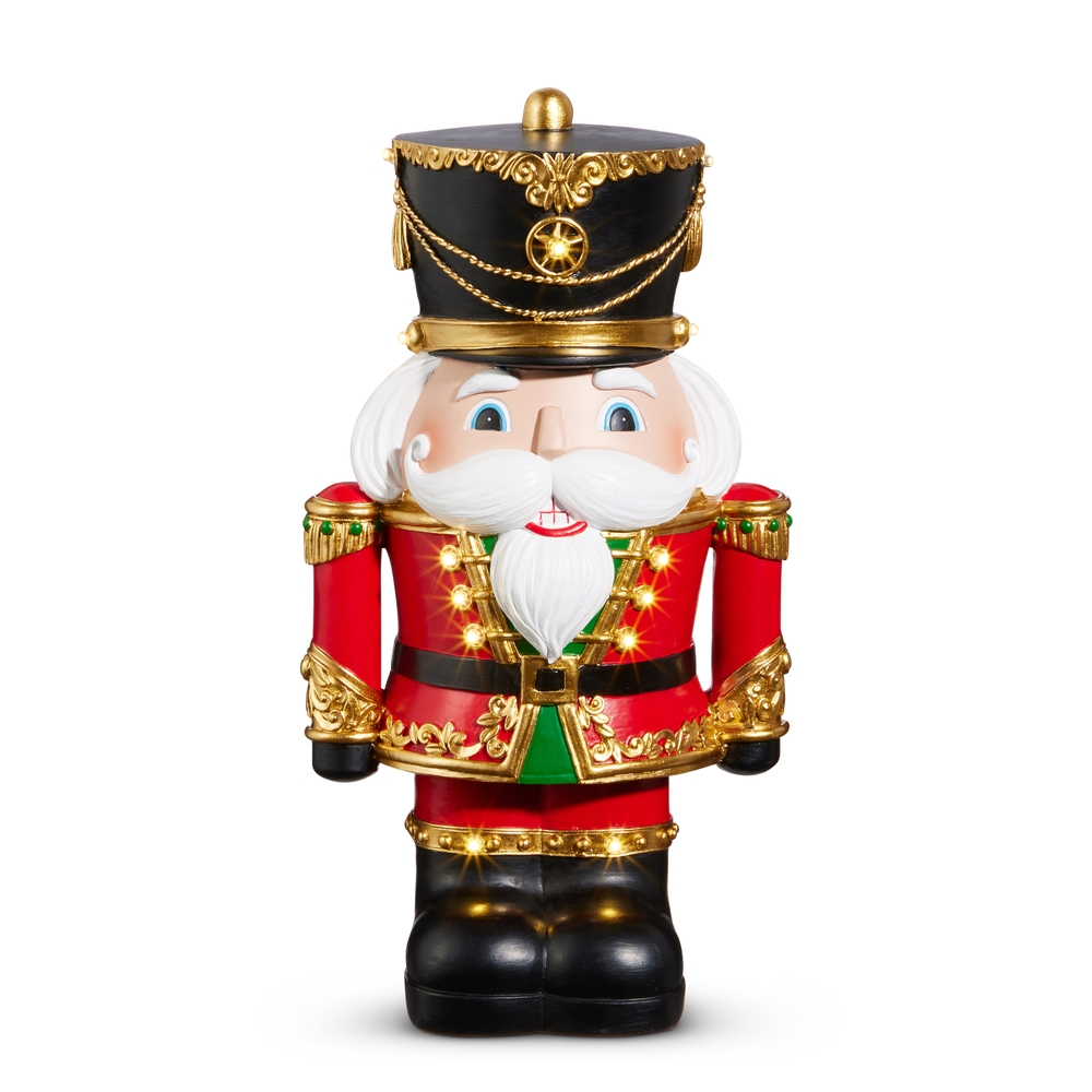 12.25-inch lighted nutcracker figure in a red and black uniform with gold accents and white beard.