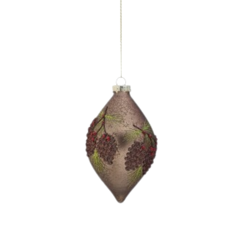 Brown glass acorn ornament with pinecone and needle designs, hanging from a thin string.