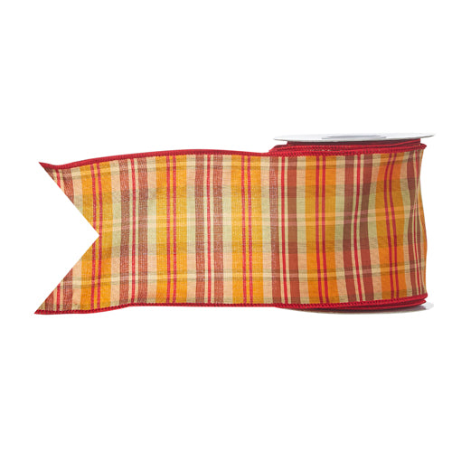 4 inch wide plaid wired ribbon in autumn shades of orange, red, and yellow on a 10 yard spool.