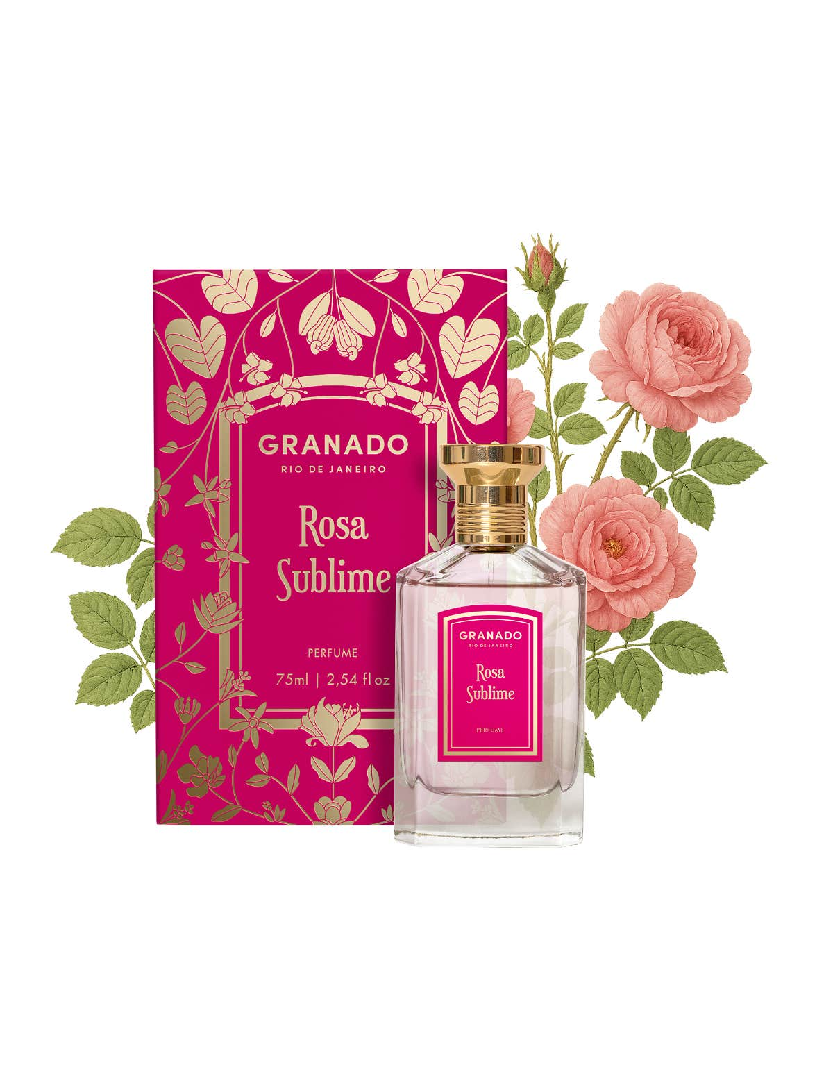Rosa Sublime Eau de Parfum 75ml bottle and decorative pink floral box with rose illustrations.