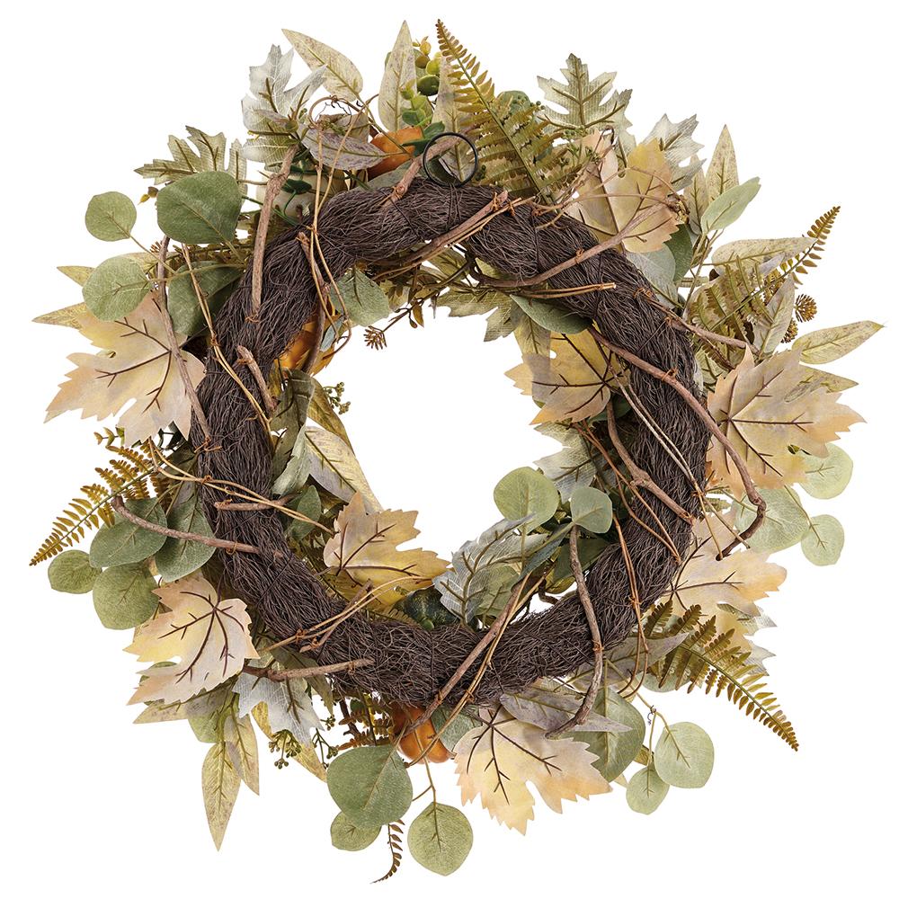 Back view of a 26-inch wreath showing a brown twig base with orange and beige fall leaves.