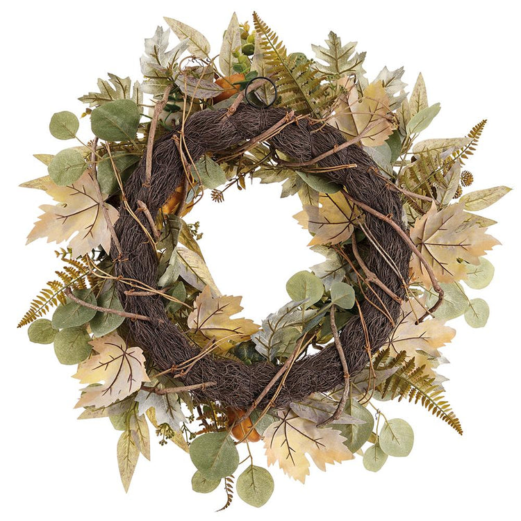 Back view of a 26-inch wreath showing a brown twig base with orange and beige fall leaves.