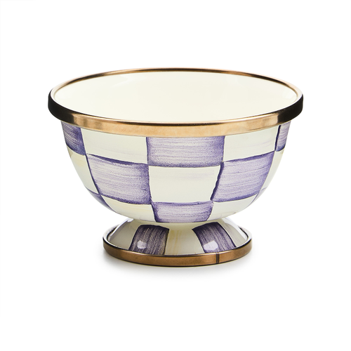 Violet checkered ceramic sugar bowl with a matching lid