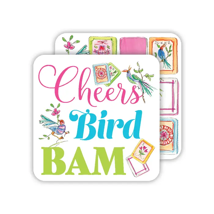 Two square coasters with rounded corners featuring colorful bird illustrations and 'Cheers Bird BAM'.