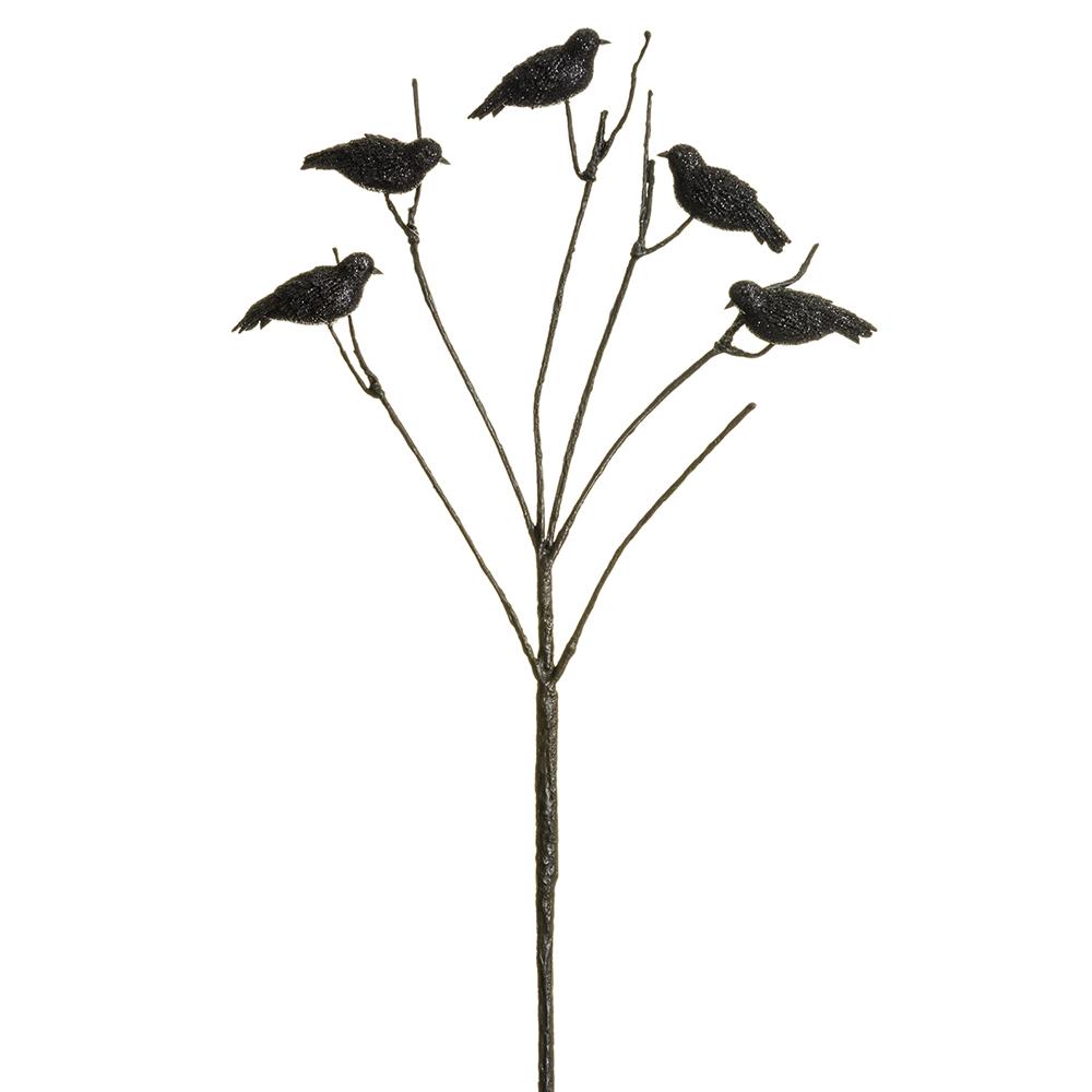 Black glittered crow spray figurine with iron body, styrofoam wings, paper accents, and shimmering details.