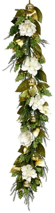 72-inch glittered magnolia garland with white flowers, gold leaves, and metallic ornaments.