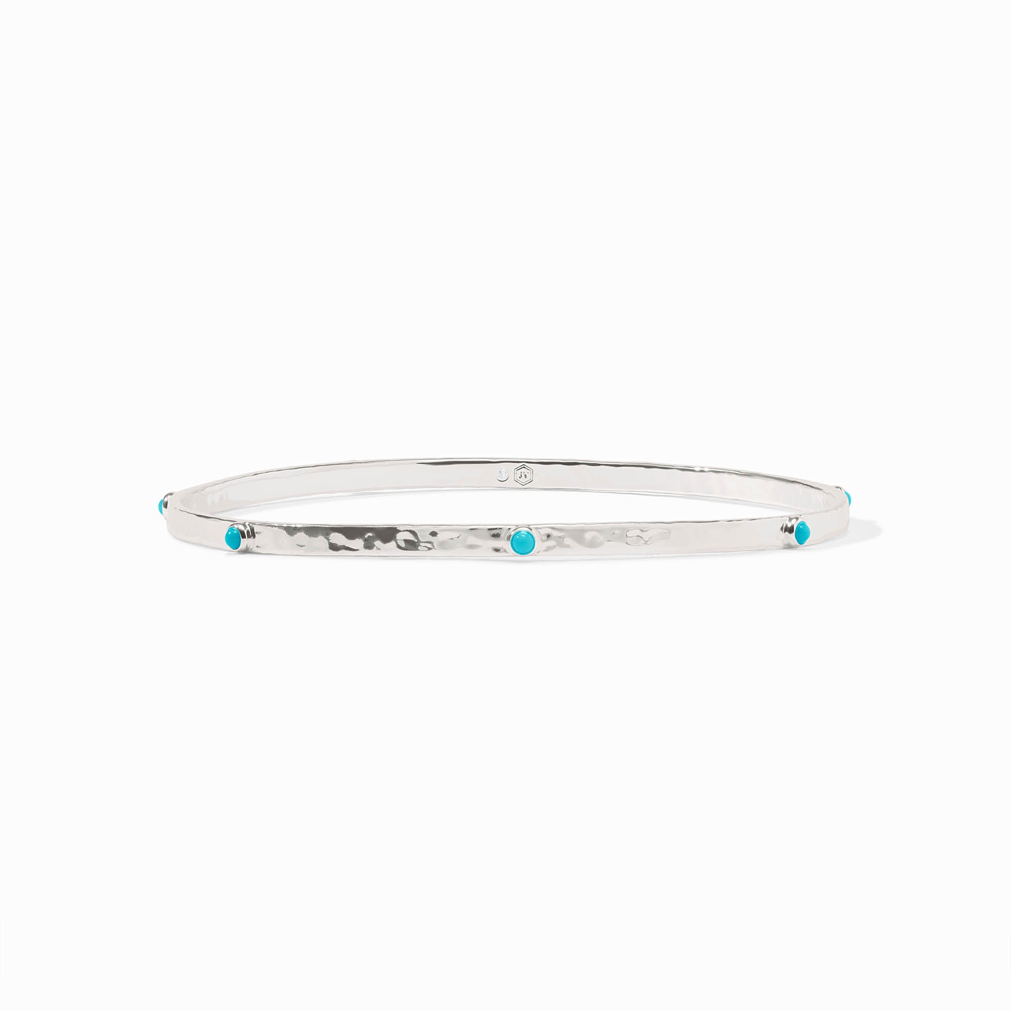 Hammered silver Crescent Stone Bangle featuring small, round turquoise stones set along the band.