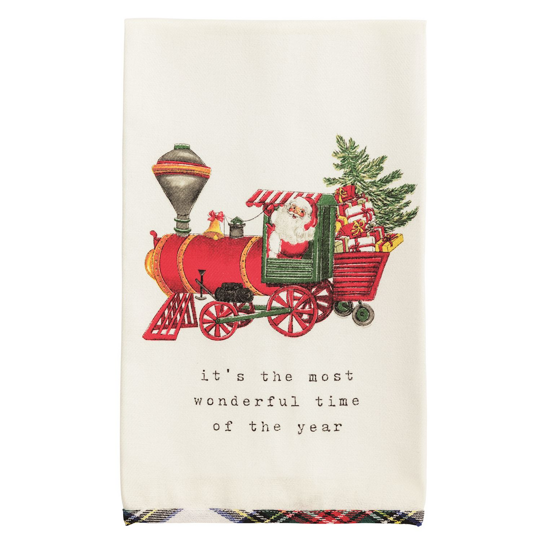 White cotton hand towel with a Santa train illustration and a tartan hem.