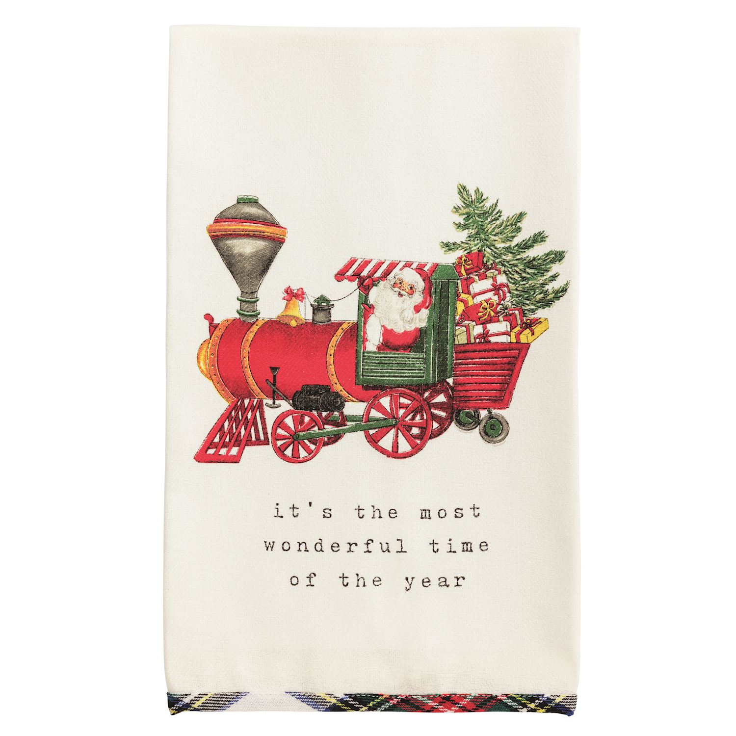 White cotton hand towel with a Santa train illustration and a tartan hem.