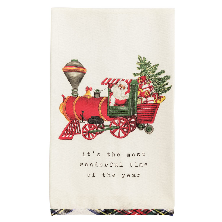 White cotton hand towel with a Santa train illustration and a tartan hem.