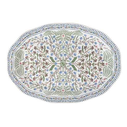 Large oval chambray blue stoneware platter with a textured rim and glossy finish.