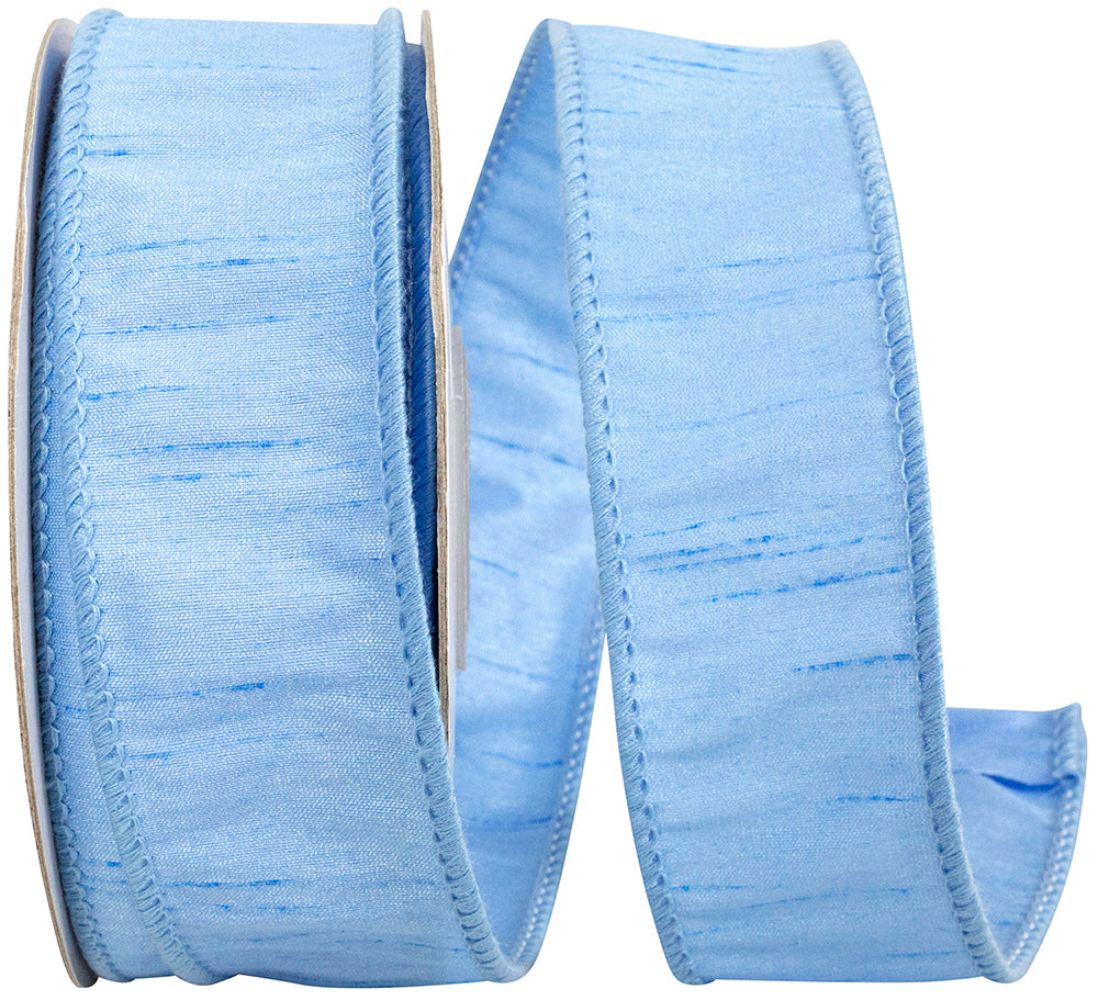 Light blue 1.5-inch wide wired edge Dupioni ribbon with a textured, slubbed fabric finish.