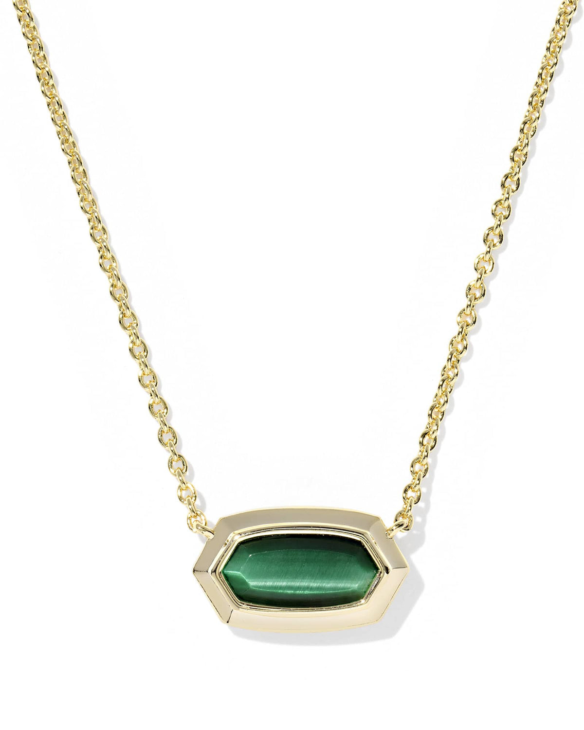 Elisa Bezel Short Pendant Necklace with a gold chain and a green hexagonal stone pendant.