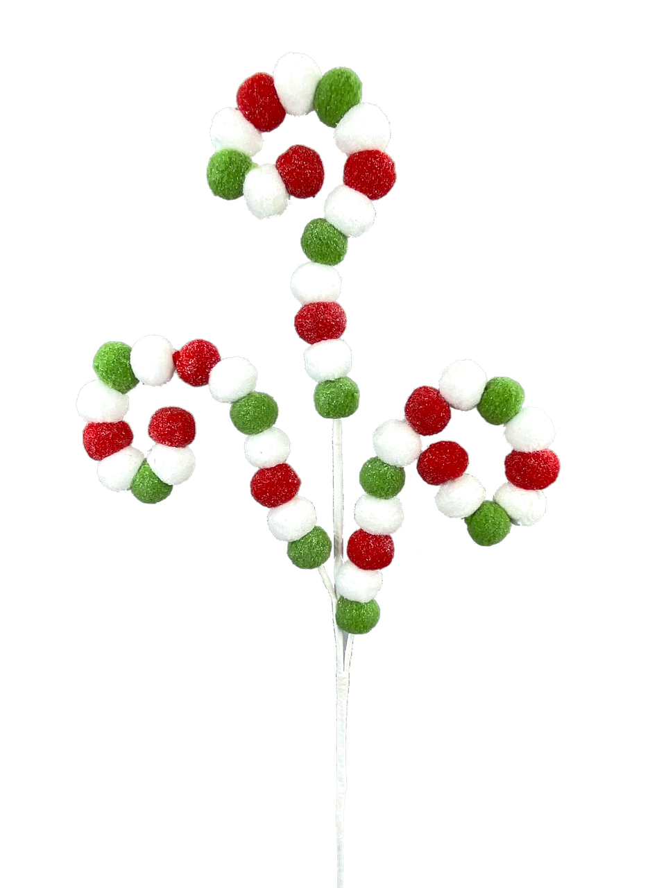 Spiral curly spray with red, white, and green glittered pom-poms on three flexible stems.