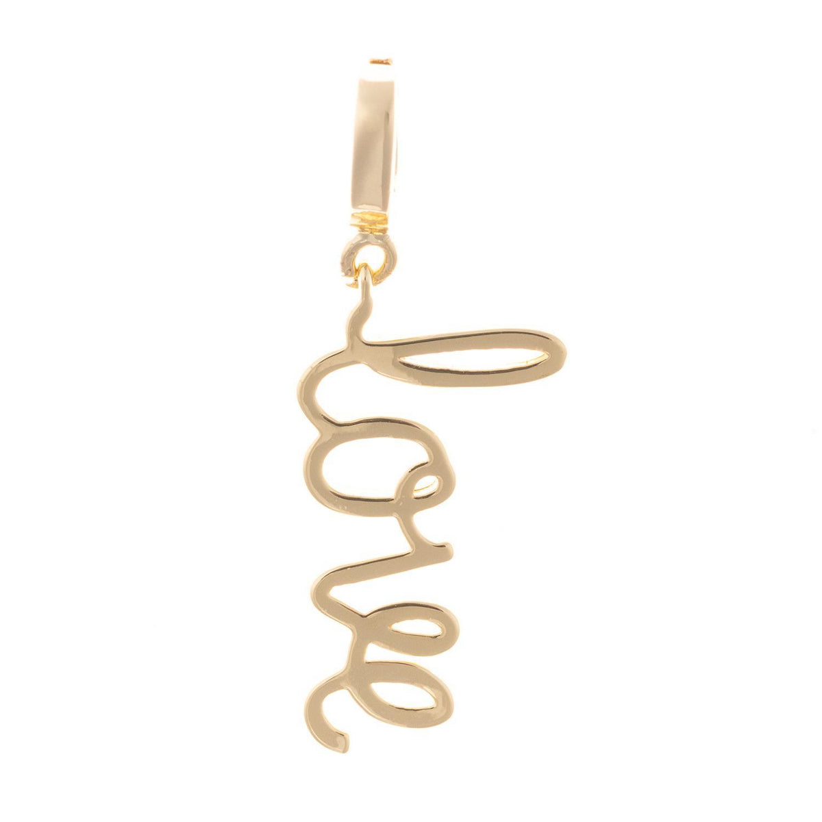 18k gold plated inspirational charm featuring the word 'Love' in cursive script with a clasp.