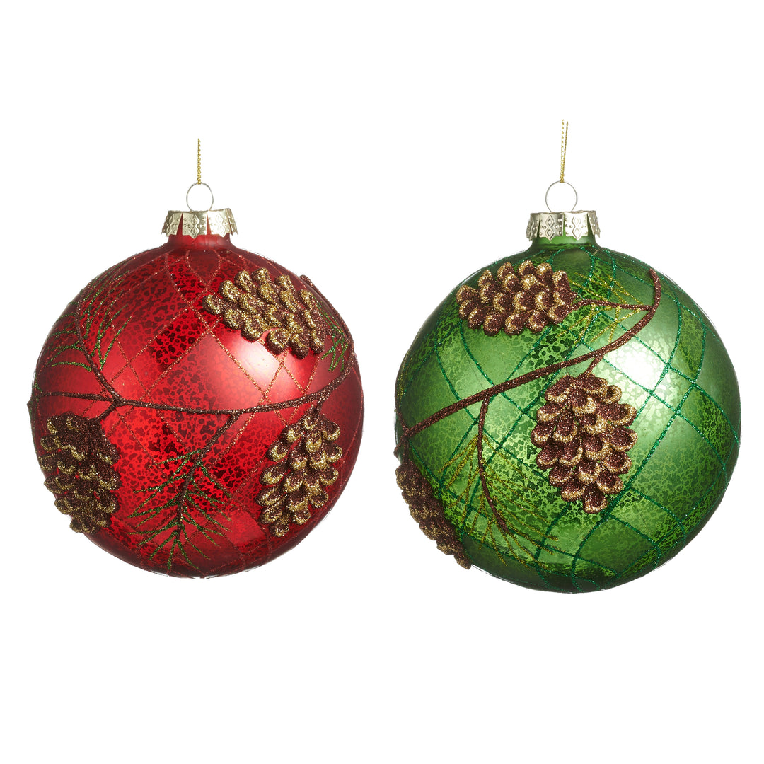 5-inch red and green mercury glass ball ornaments with glittery pinecone and branch details.