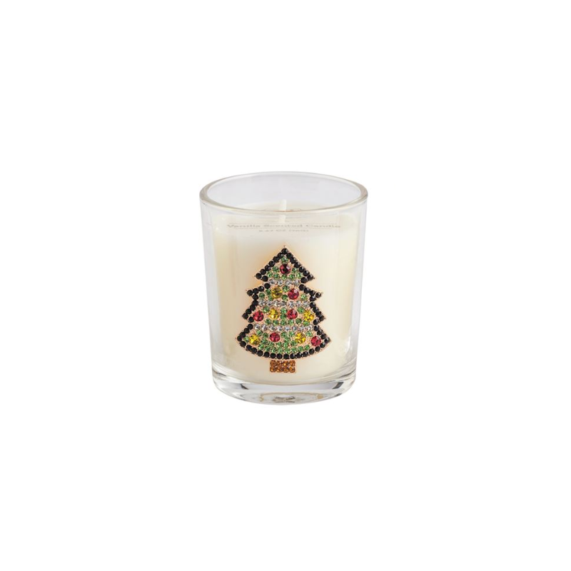 Glass votive candle with a beaded Christmas tree icon on the front.