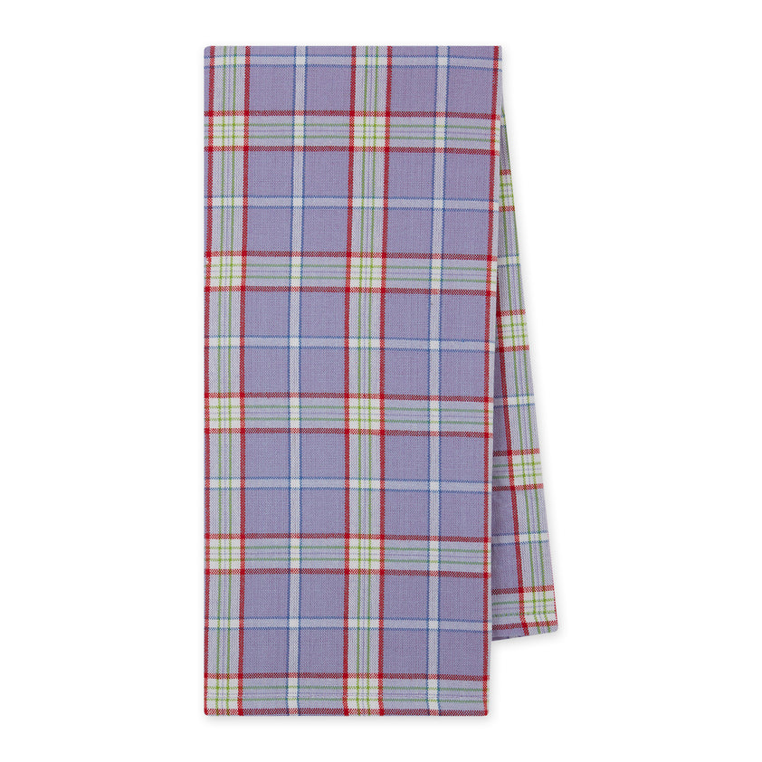 Summer Meadow Dishtowel featuring a purple plaid pattern with red, green, and white stripes.