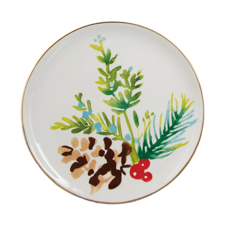Set of three round earthenware appetizer plates in Christmas green with a festive pattern.