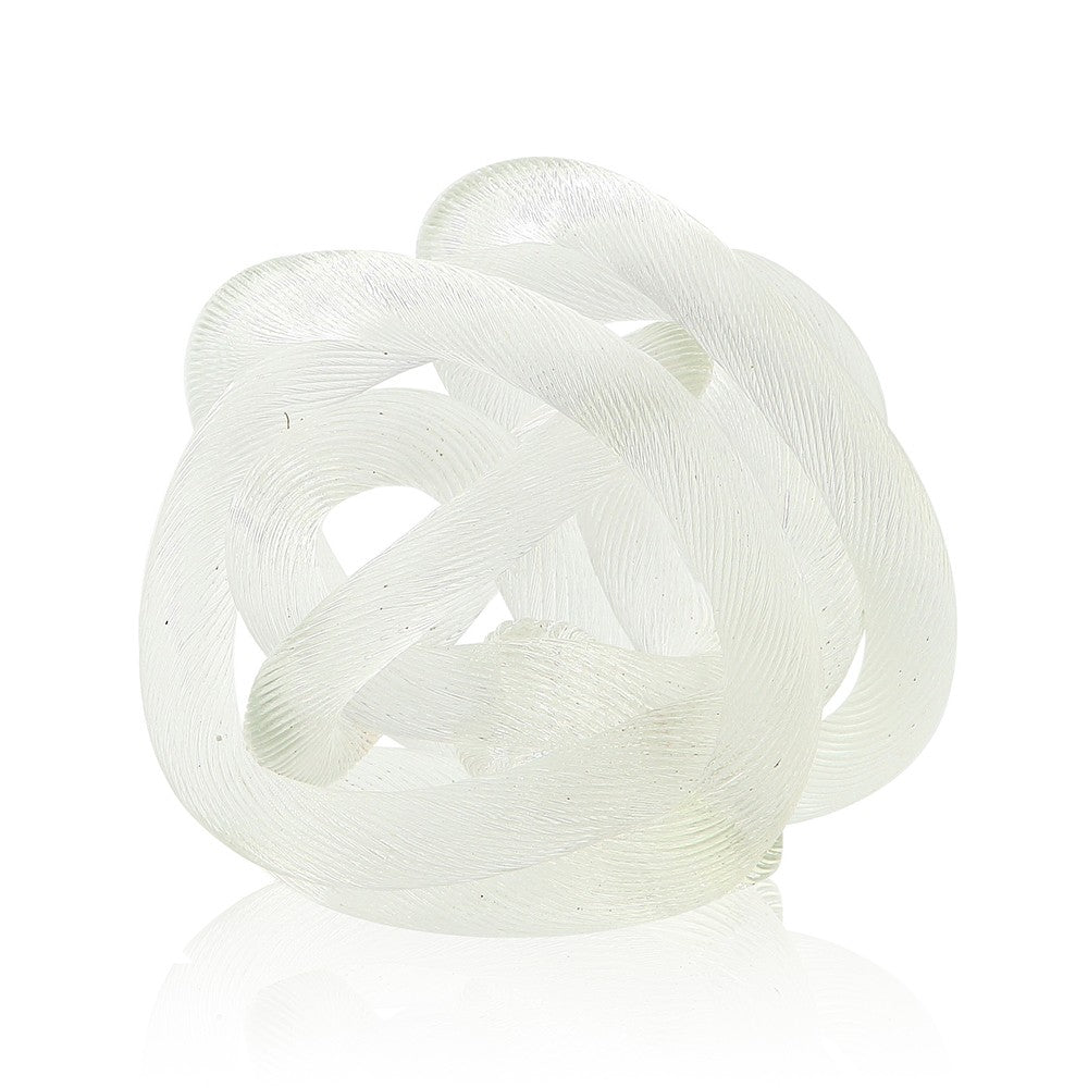 6-inch clear frosted glass knot sculpture with a textured, ribbed surface on a white background.