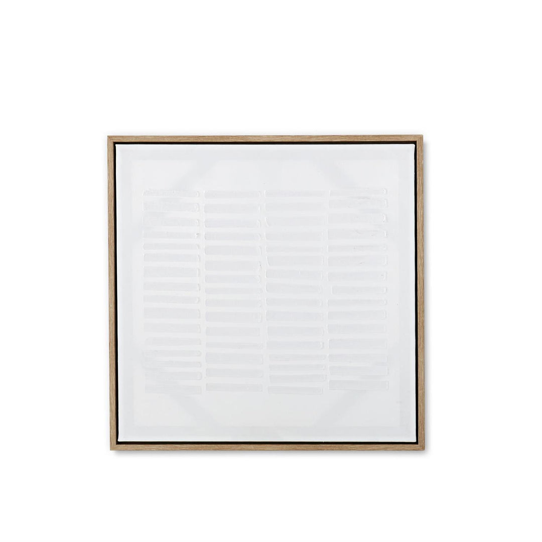 Framed abstract plaster wall art with a textured surface in neutral tones.