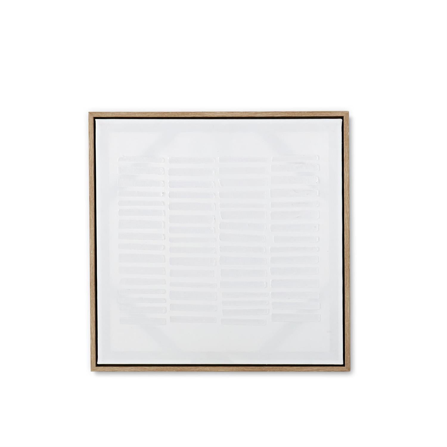 Framed abstract plaster wall art with a textured surface in neutral tones.