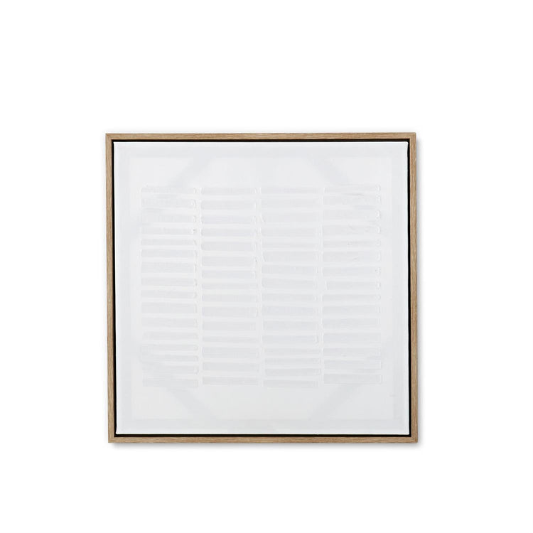 Framed abstract plaster wall art with a textured surface in neutral tones.