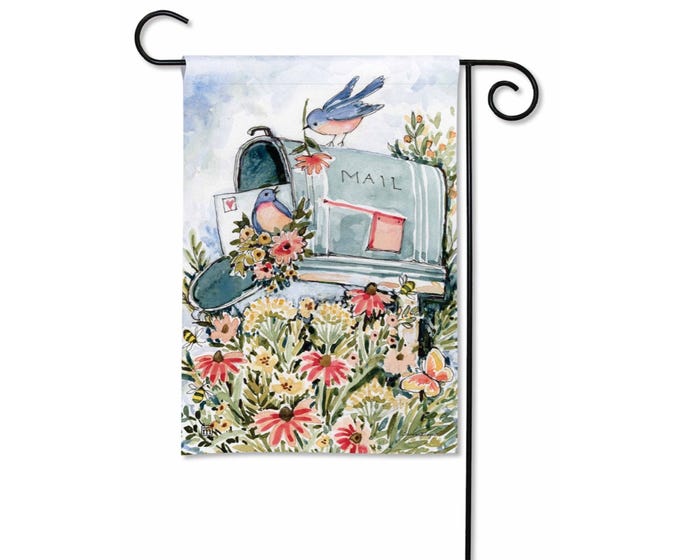 Garden flag with watercolor painting of a mailbox, two bluebirds, flowers, and a butterfly.