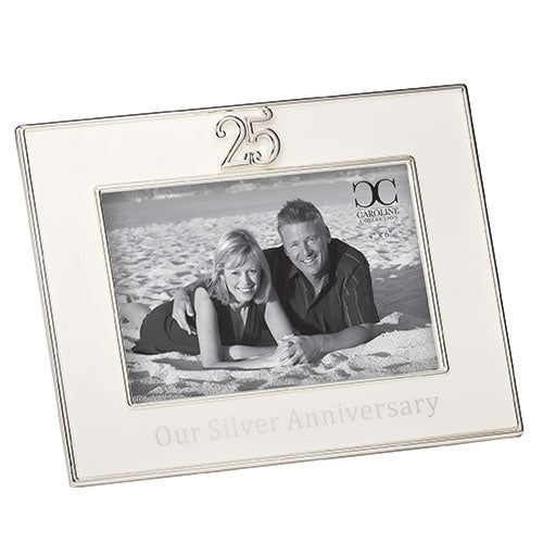 Silver 25th anniversary picture frame with 'Our Silver Anniversary' text and a 4x6 photo opening.