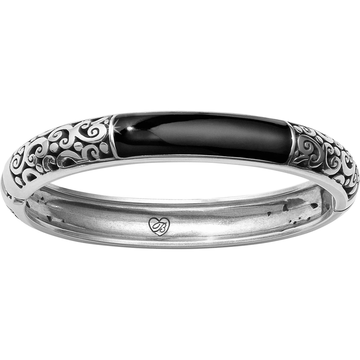 Silver-plated black enamel hinged bangle bracelet with magnetic closure