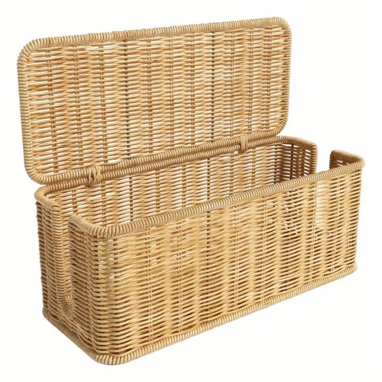 Rectangular woven rattan cable management box with an open hinged lid and side cord slots.