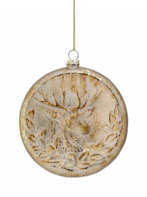 5-inch glass medallion Christmas ornament featuring an embossed deer bust with a gold finish.