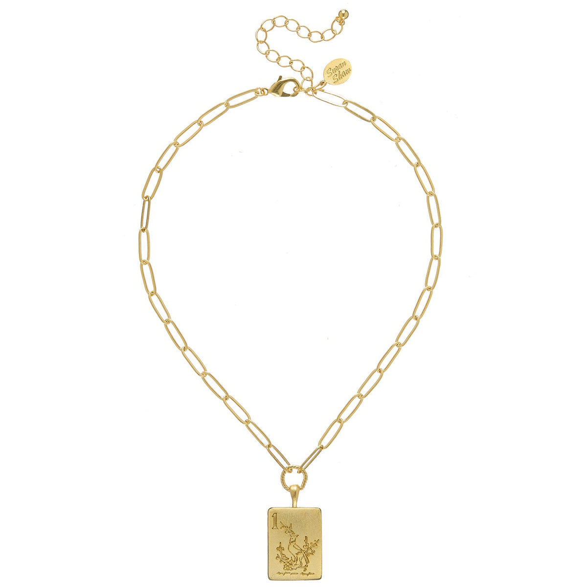 Bird Bam Mahjong medium paperclip necklace in gold-tone metal with a small bird pendant.