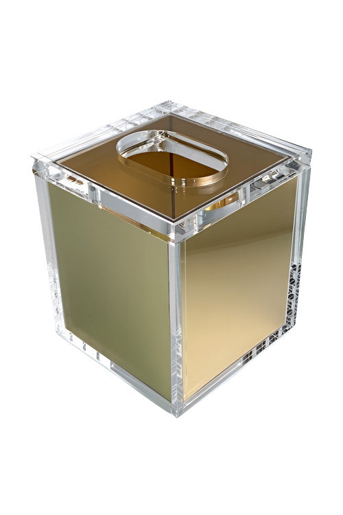 Gold Lucite tissue box with lid featuring a square acrylic silhouette.