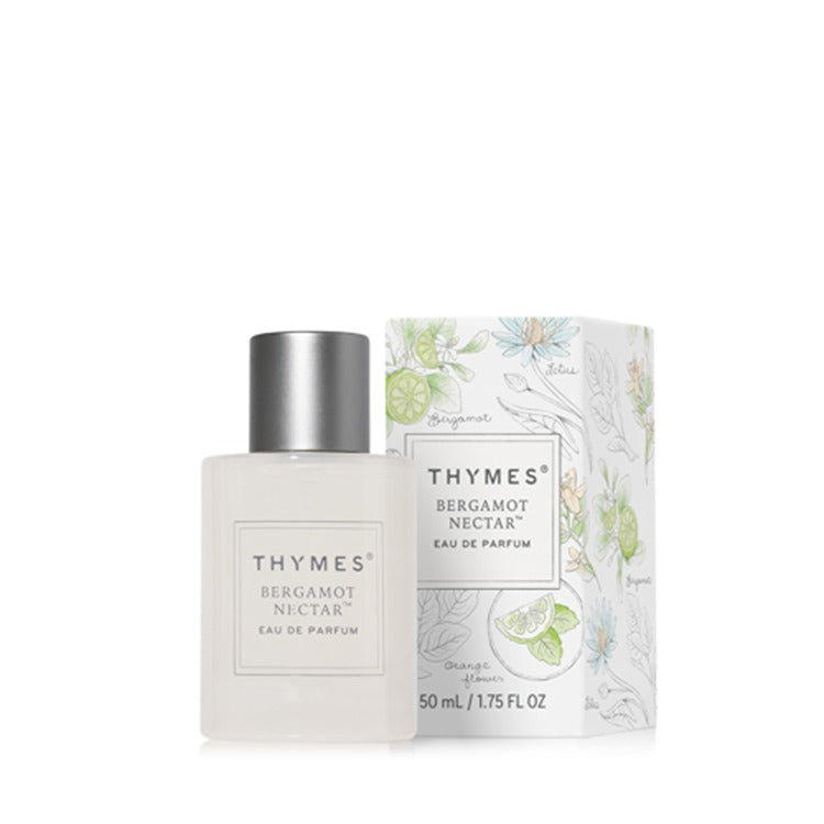 Thymes Bergamot Nectar Eau de Parfum bottle and box with floral and citrus illustrations.