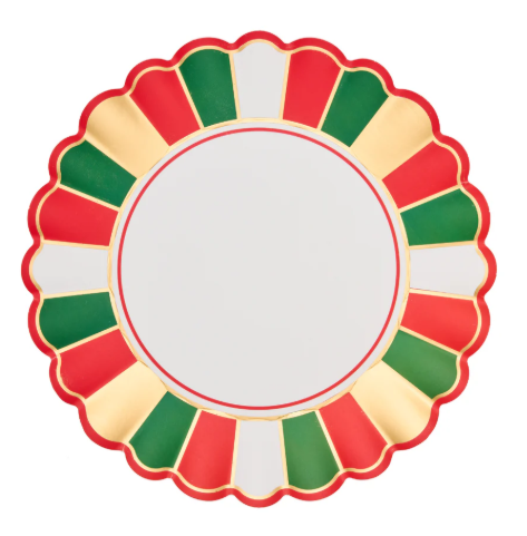 Joyful Christmas 10.5 inch scalloped paper dinner plate with red, green, and white striped border.
