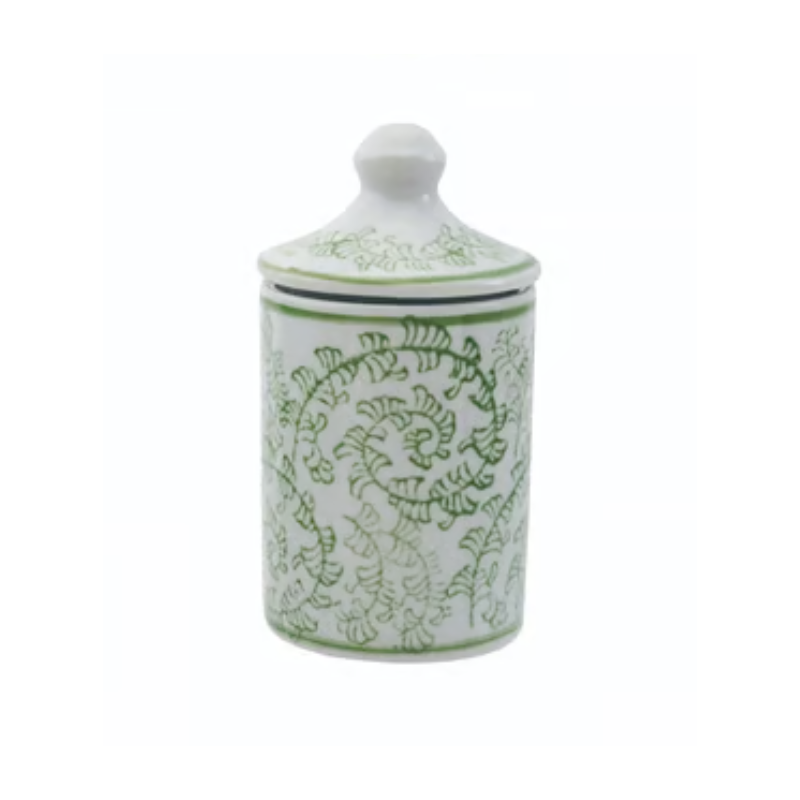 Hand-stamped stoneware spice jar in white with green vine patterns and a matching lid.