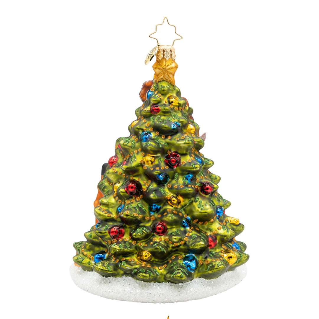 Woodland Celebration glass Christmas tree ornament with colorful baubles and a gold star topper.