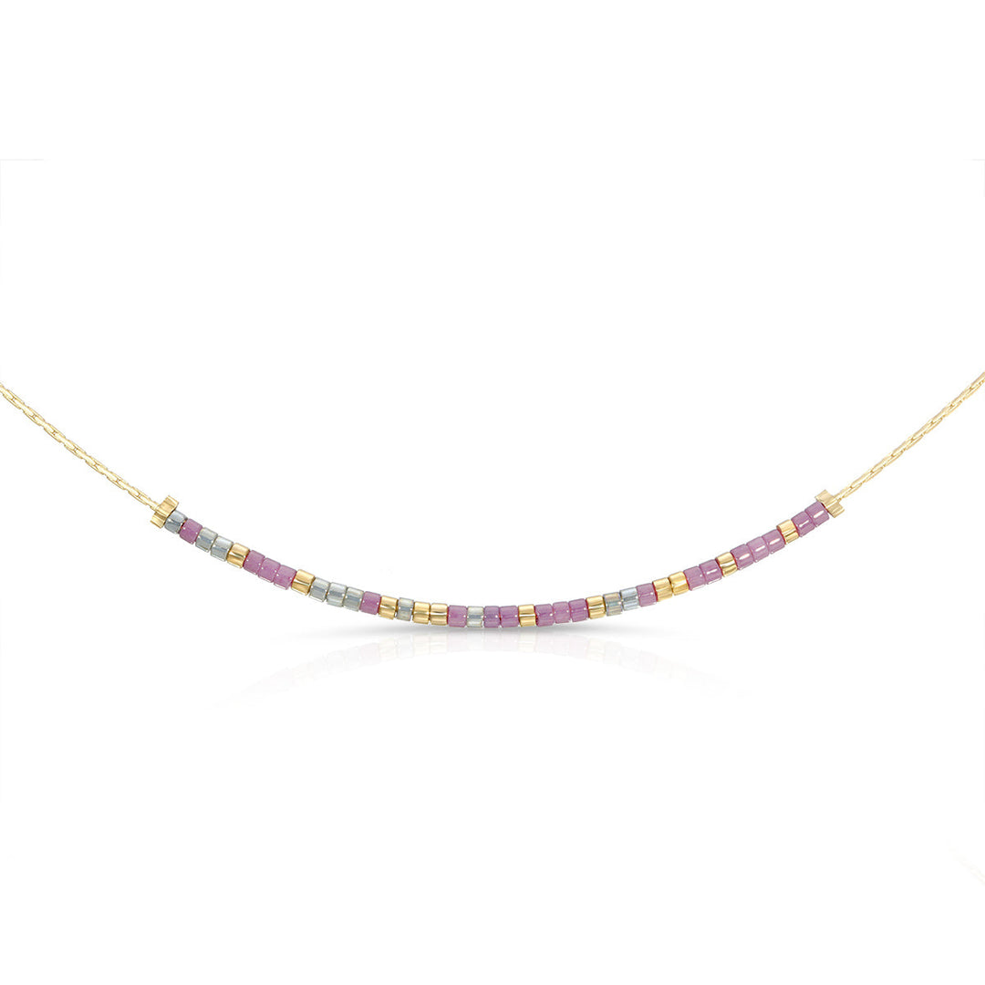 Love You Mom necklace with shimmery gray and plum glass beads on a gold chain.
