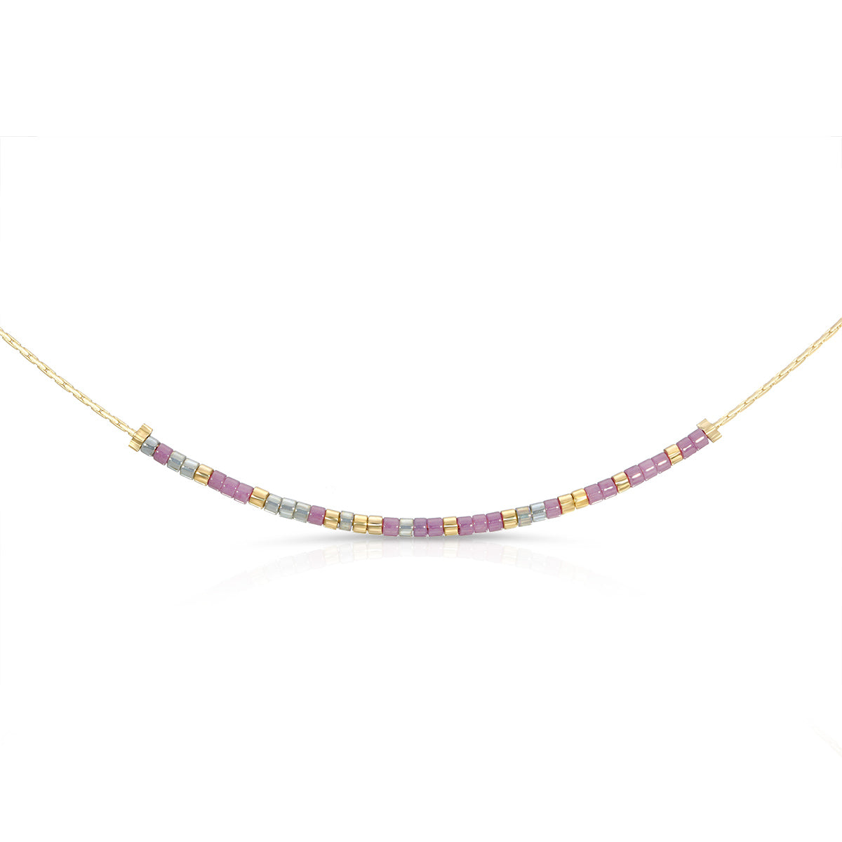Love You Mom necklace with shimmery gray and plum glass beads on a gold chain.