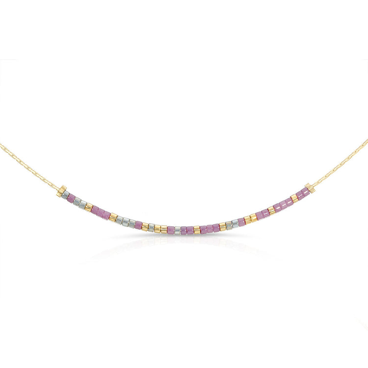 Love You Mom necklace with shimmery gray and plum glass beads on a gold chain.