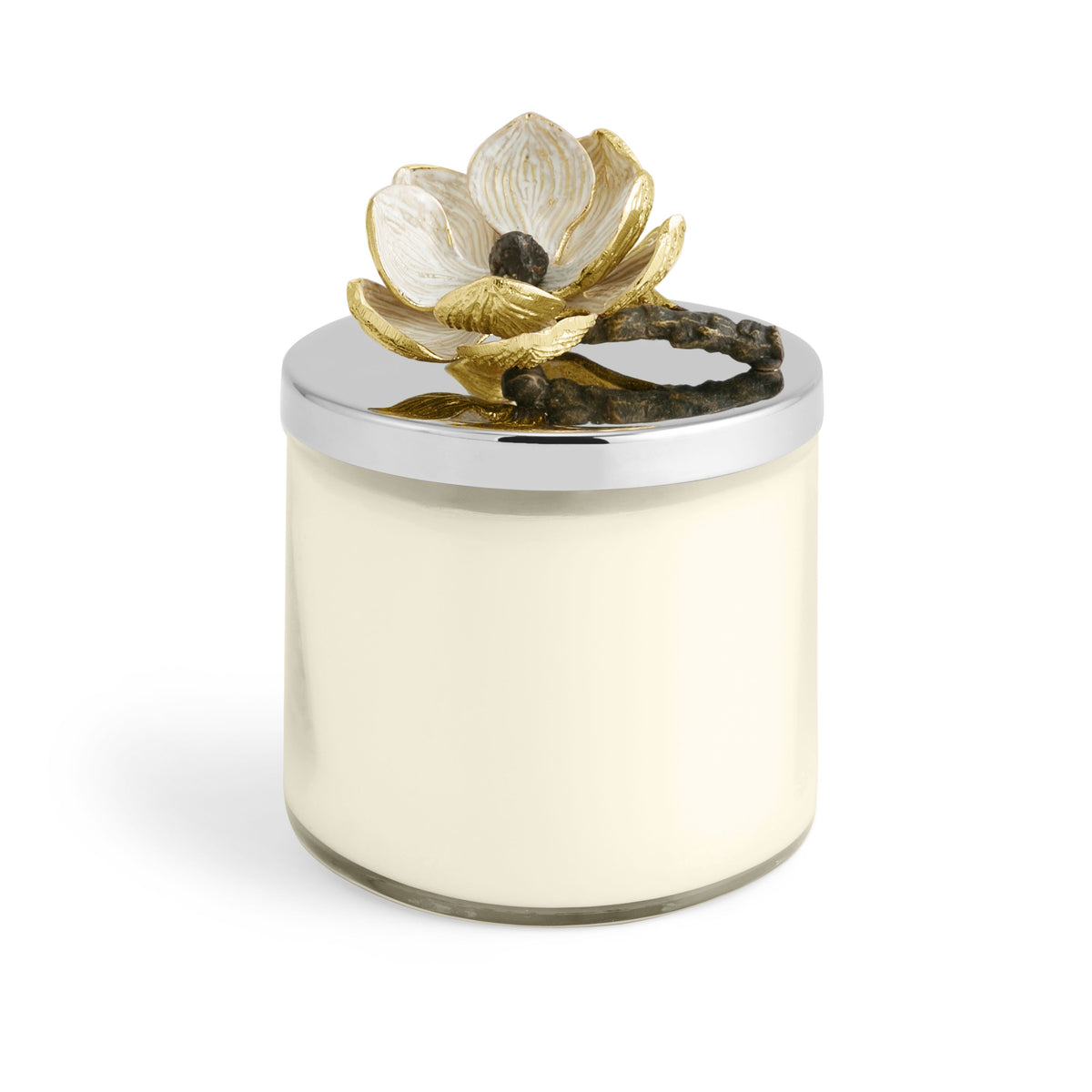 Vintage Bloom Candle in oxidized brass with antique goldtone finish, triple wick soy wax design.
