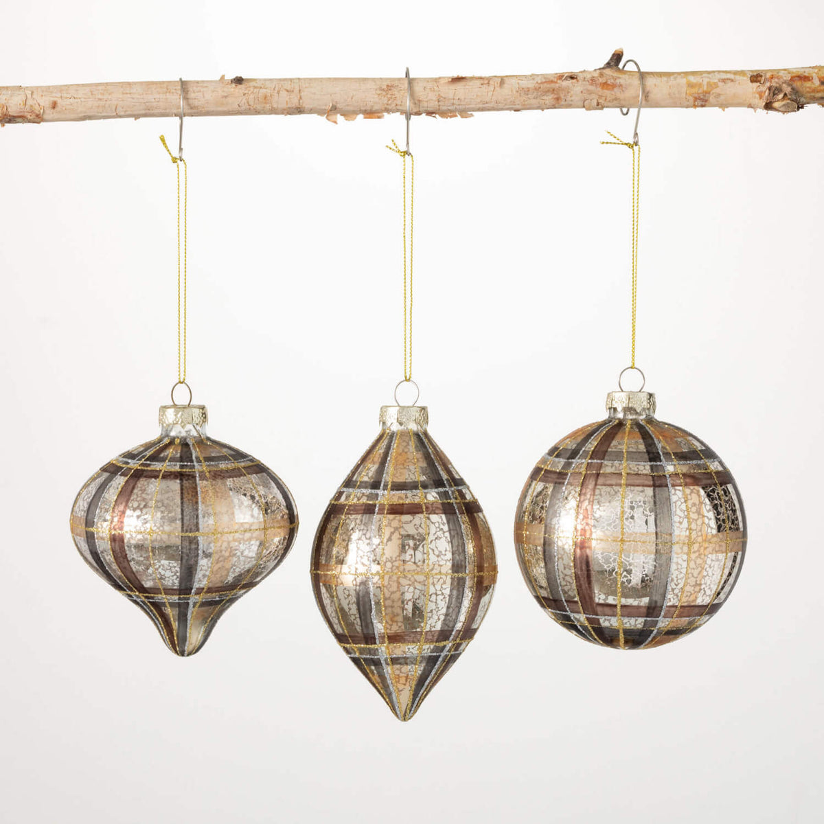 Brown gold glass plaid ornament with a luster finish