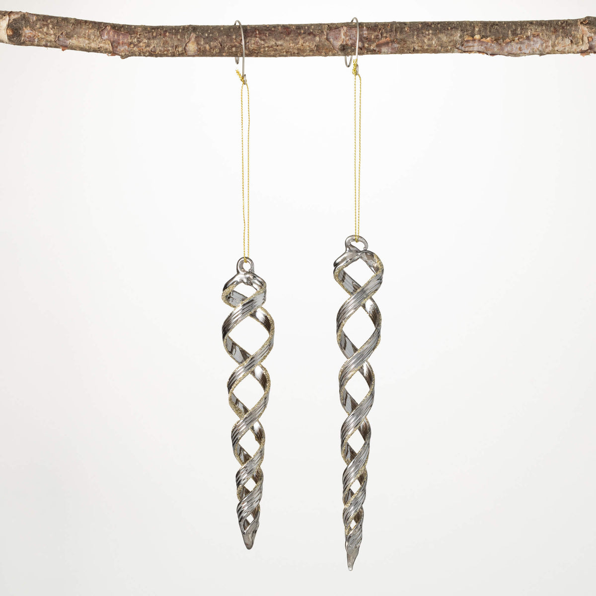 Glass spiral icicle ornament with black body and gold trim.