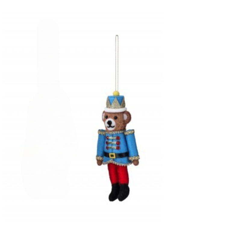 6.5-inch felt bear soldier ornament in a blue uniform with red pants and a gold-trimmed hat.