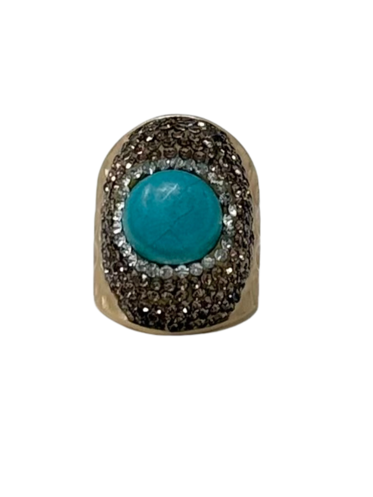 Queen of Sheba fashion ring featuring a round turquoise stone surrounded by pavé crystals.